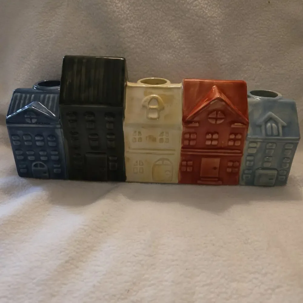 Red White Blue Ceramic Candle Holder Row of Houses 9”x4.5”x2” Holds 3 Candles